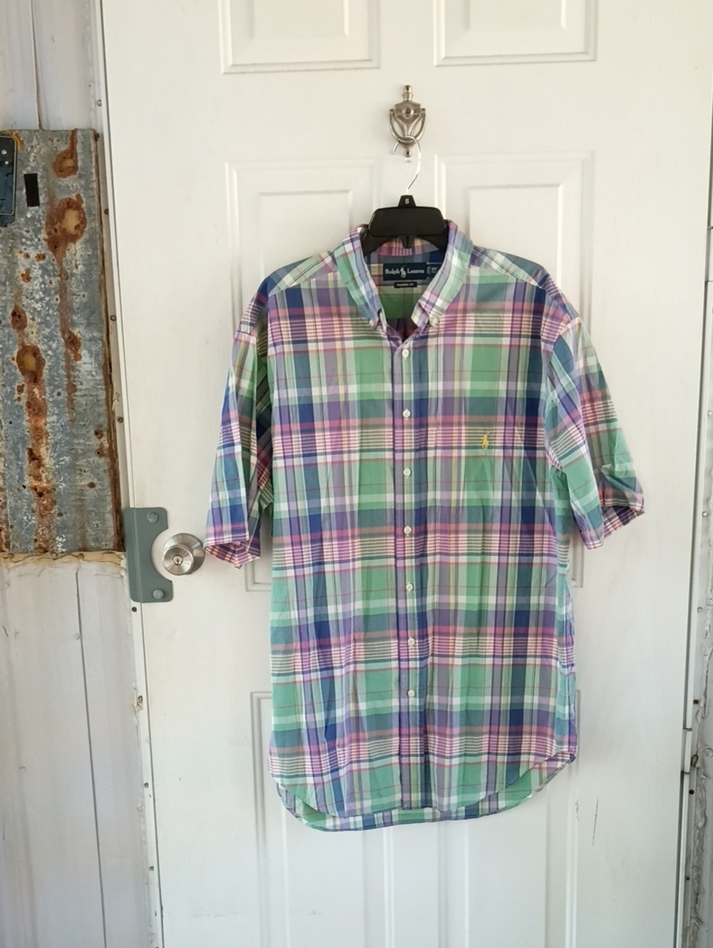 🚨POLO RALPH LAUREN Green Purple Pink Gold Plaid Button Down Short Sleeve Shirt